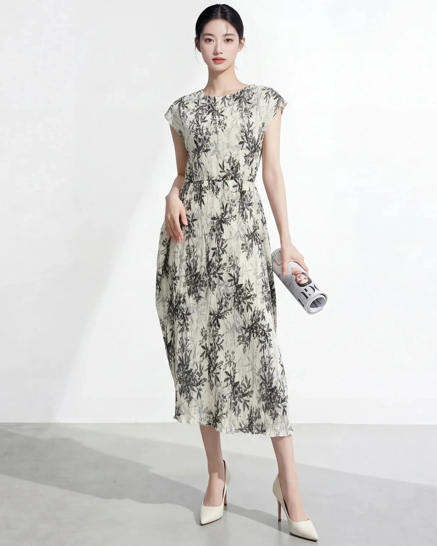 Luxury Botanical Pleated Dress