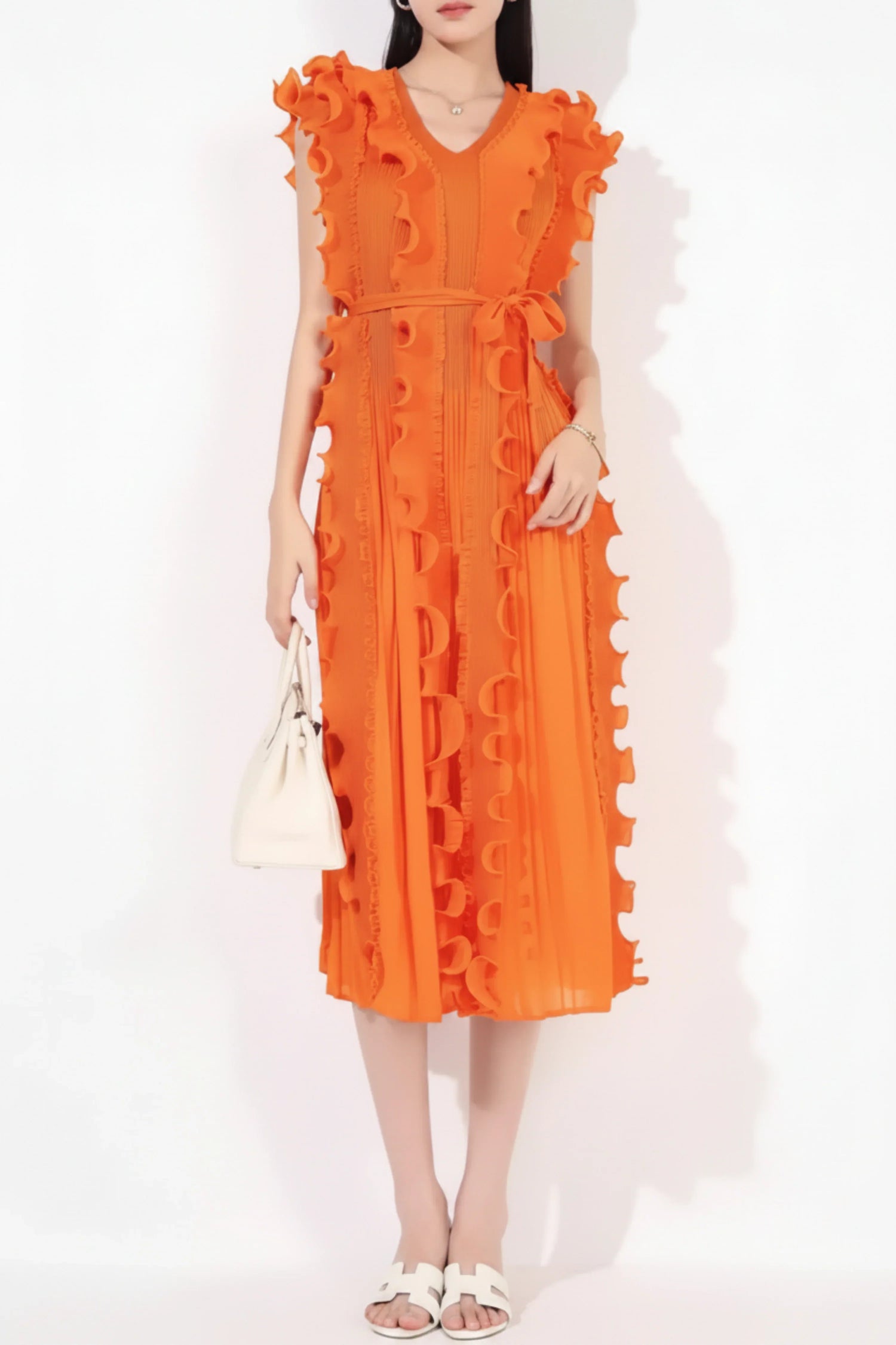 Pleats Style Ruffle Dress – Japanese Designer Pleated Midi