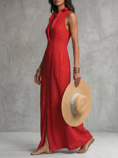 A-Line High Waisted Buttoned Pockets Solid Color Lapel Maxi Dresses Shirt Dress