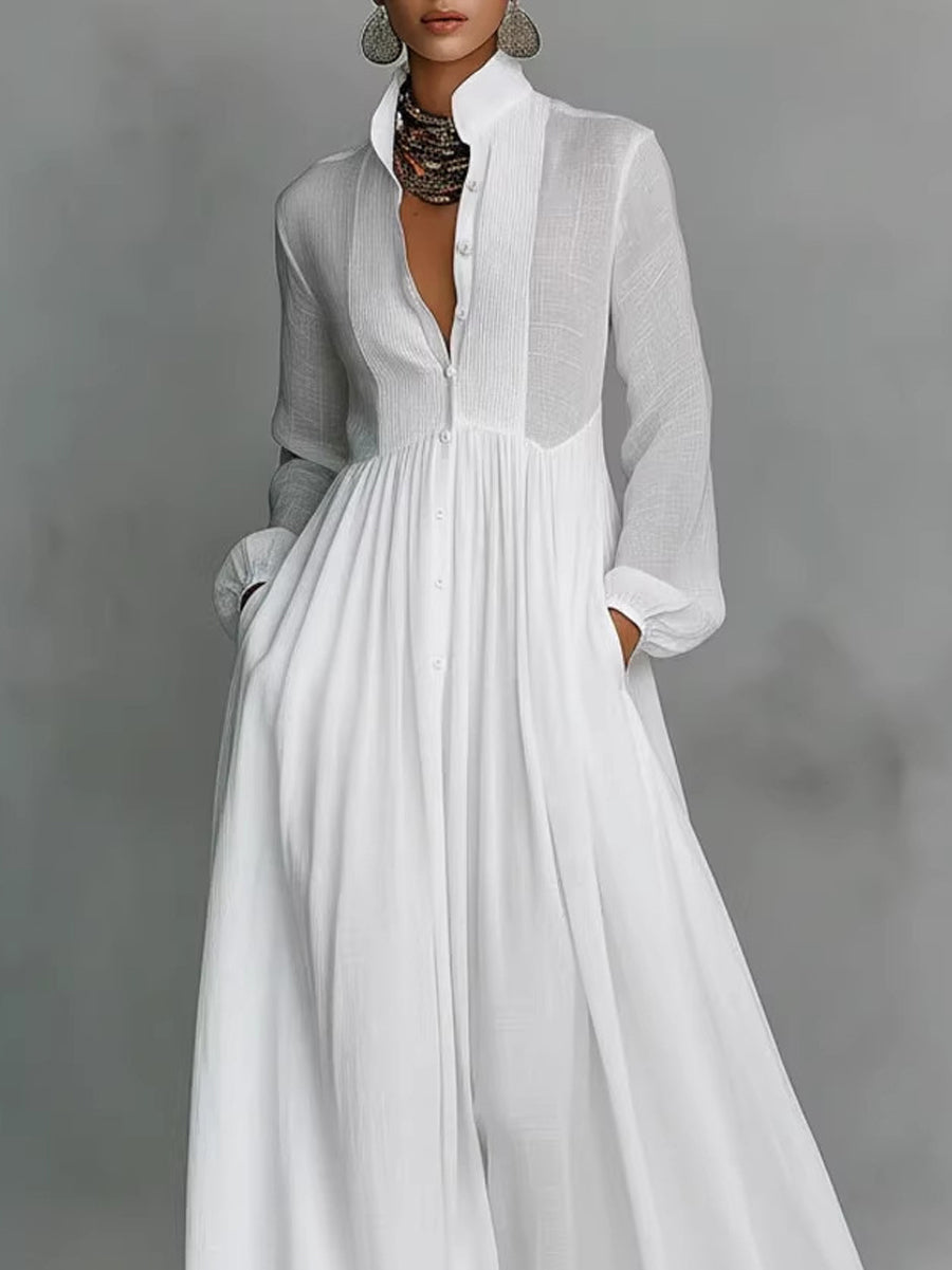 A-Line High Waisted Buttoned Pleated Pockets Solid Color Split-Joint Stand Collar Maxi Dresses Shirt Dress