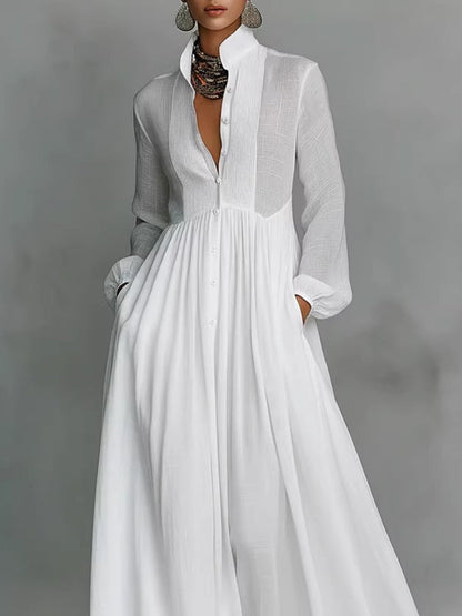 A-Line High Waisted Buttoned Pleated Pockets Solid Color Split-Joint Stand Collar Maxi Dresses Shirt Dress