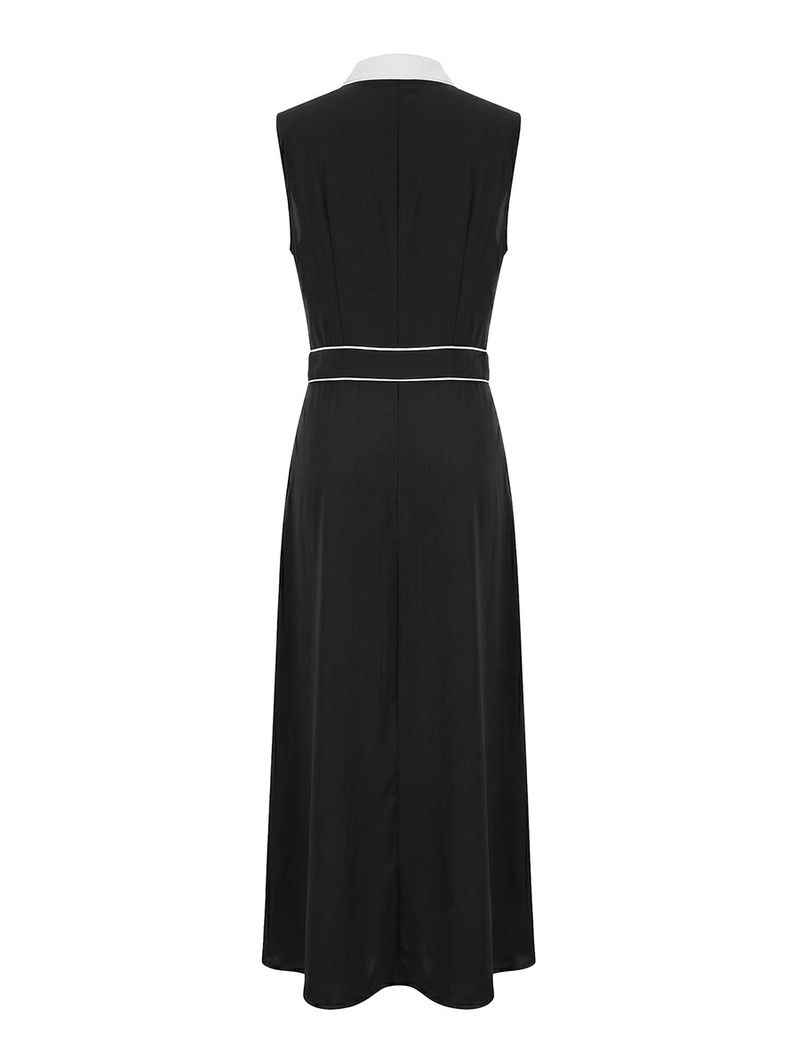 A-Line High Waisted Buttoned Contrast Color Pockets Split-Joint Lapel Maxi Dresses
