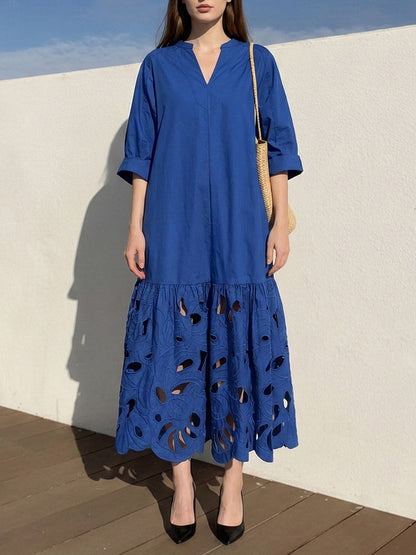 A-Line Long Sleeves Hollow Pleated Solid Color Split-Joint V-Neck Maxi Dresses