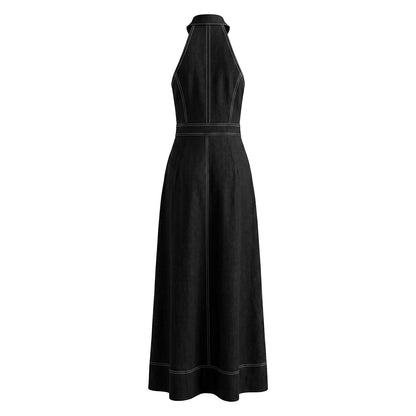 A-Line High Waisted Pleated Pockets Solid Color Zipper Stand Collar Maxi Dresses
