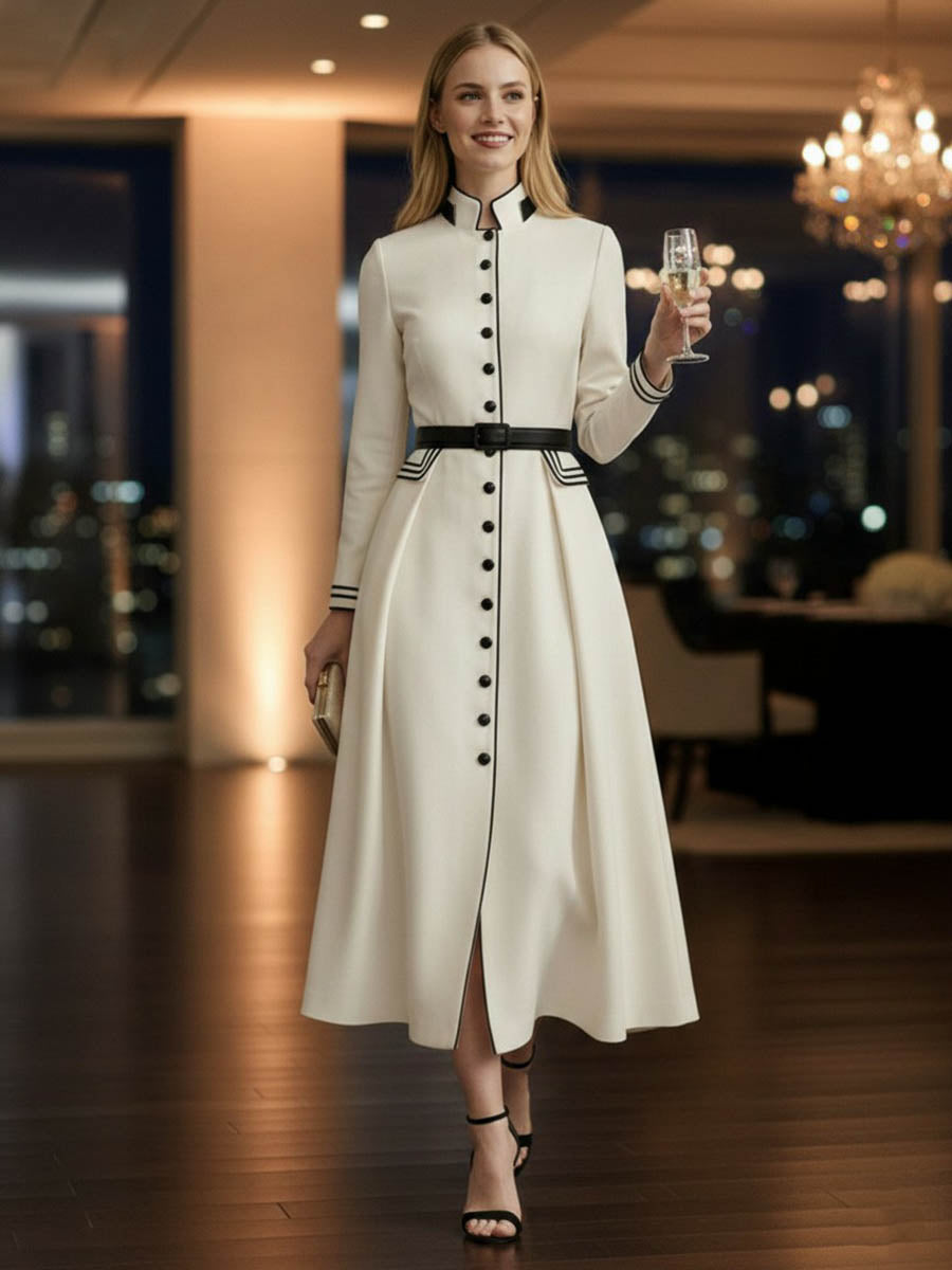 A-Line Elasticated Waist Belted Buttoned Contrast Color Line Split-Joint Stand Collar Maxi Dresses