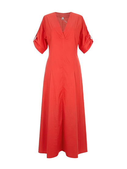 A-Line High Waisted Pleated Solid Color V-Neck Maxi Dresses Shirt Dress