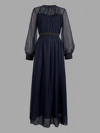 False Two Loose Gauze Pleated See-Through Round-Neck Maxi Dresses