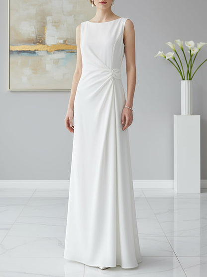 Sleeveless Gauze Pleated Solid Color Split-Joint Round-Neck Evening Dresses Maxi Dresses