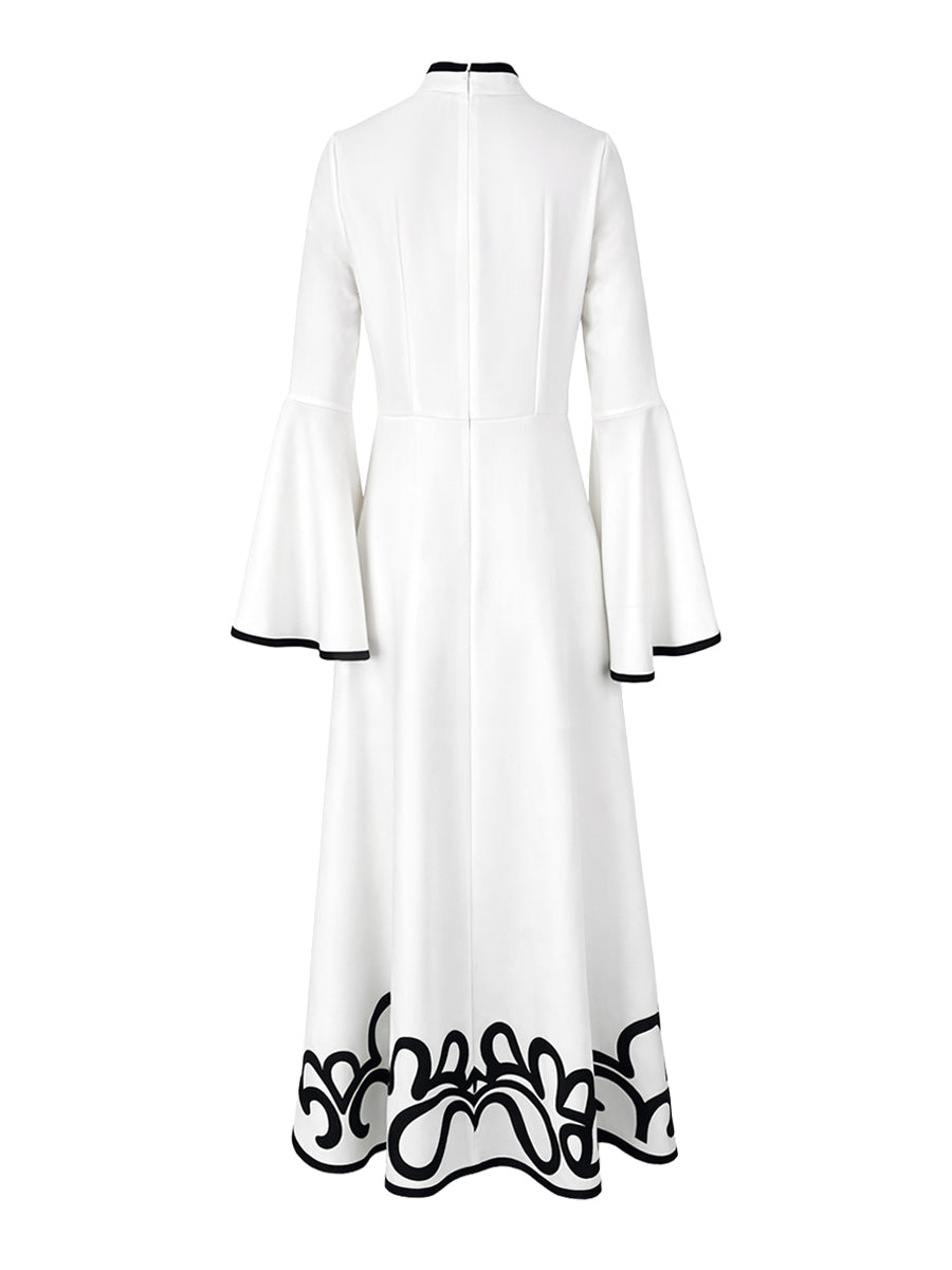 A-Line Flared Sleeves Abstract Printed Contrast Color Hollow Line Split-Joint Stand Collar Maxi Dresses