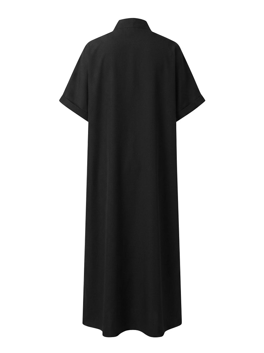 Loose Short Sleeves Buttoned Pockets Split-Joint Lapel Maxi Dresses