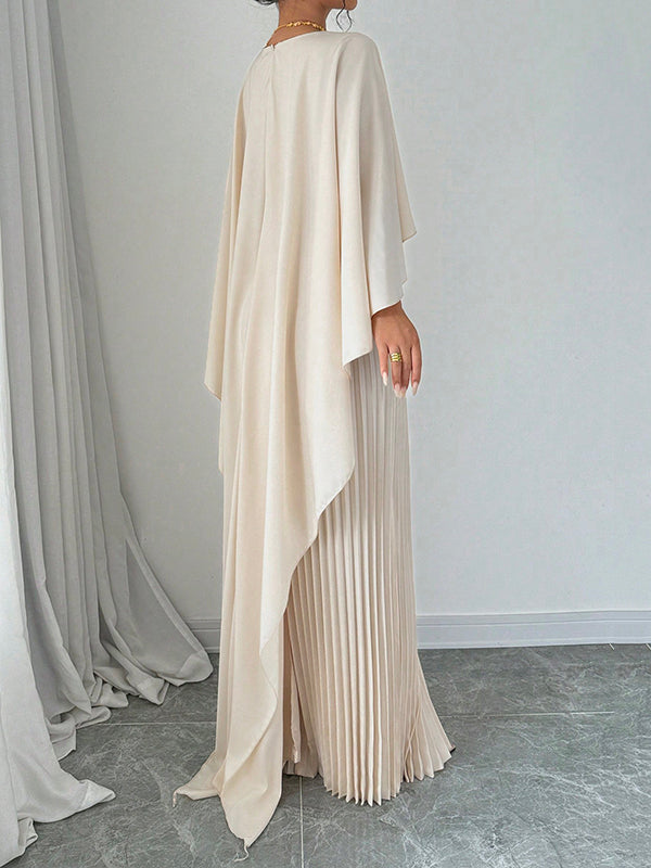 Cape High-Low Pleated Solid Color Split-Joint Round-Neck Evening Dresses Maxi Dresses