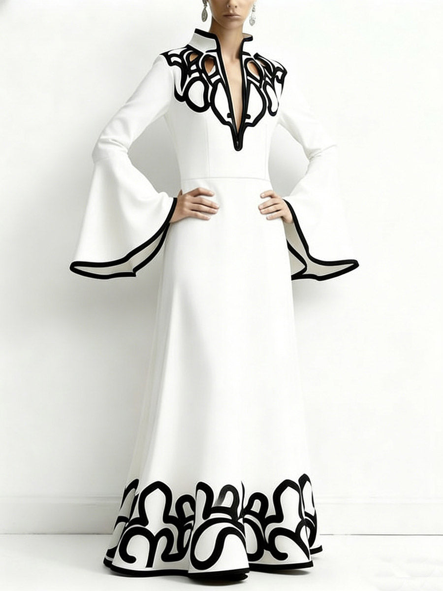 A-Line Flared Sleeves Abstract Printed Contrast Color Hollow Line Split-Joint Stand Collar Maxi Dresses