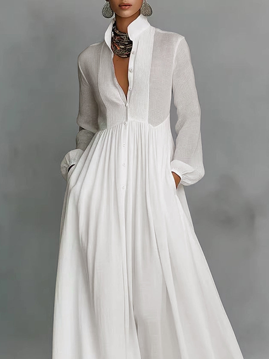 A-Line High Waisted Buttoned Pleated Pockets Solid Color Split-Joint Stand Collar Maxi Dresses Shirt Dress