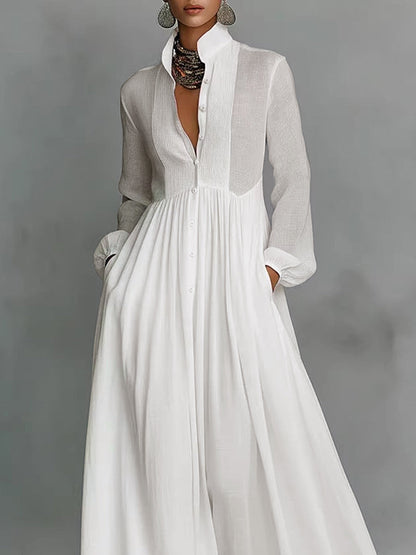 A-Line High Waisted Buttoned Pleated Pockets Solid Color Split-Joint Stand Collar Maxi Dresses Shirt Dress