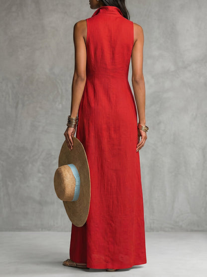 A-Line High Waisted Buttoned Pockets Solid Color Lapel Maxi Dresses Shirt Dress