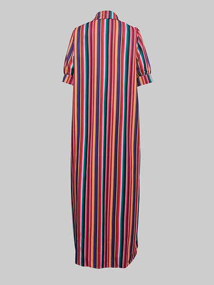 Long Sleeves Loose Split-Joint Striped Lapel Maxi Dresses Shirt Dress
