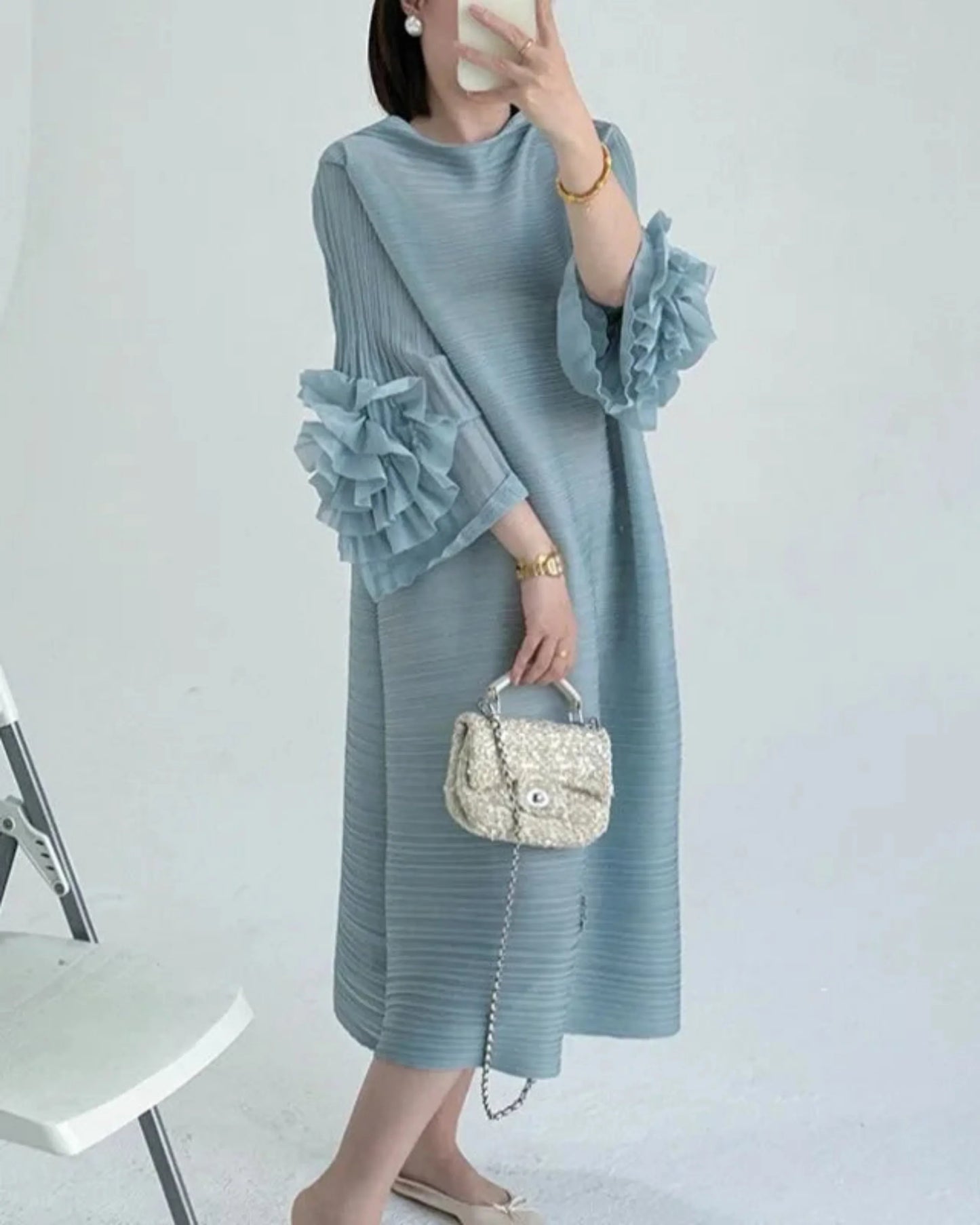 Luxe Floral-Sleeve Pleated Dress
