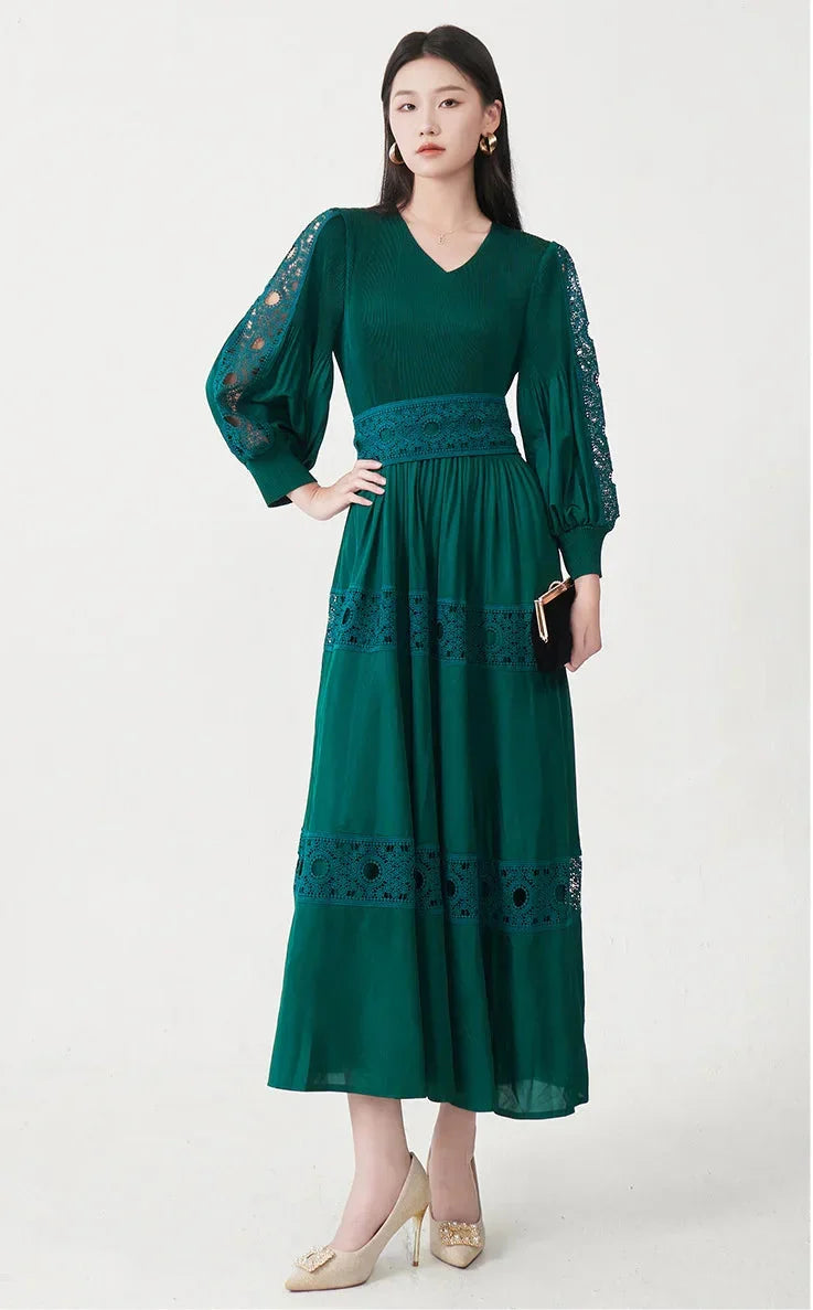 Luxury Fitted-Waist Plissé Dress