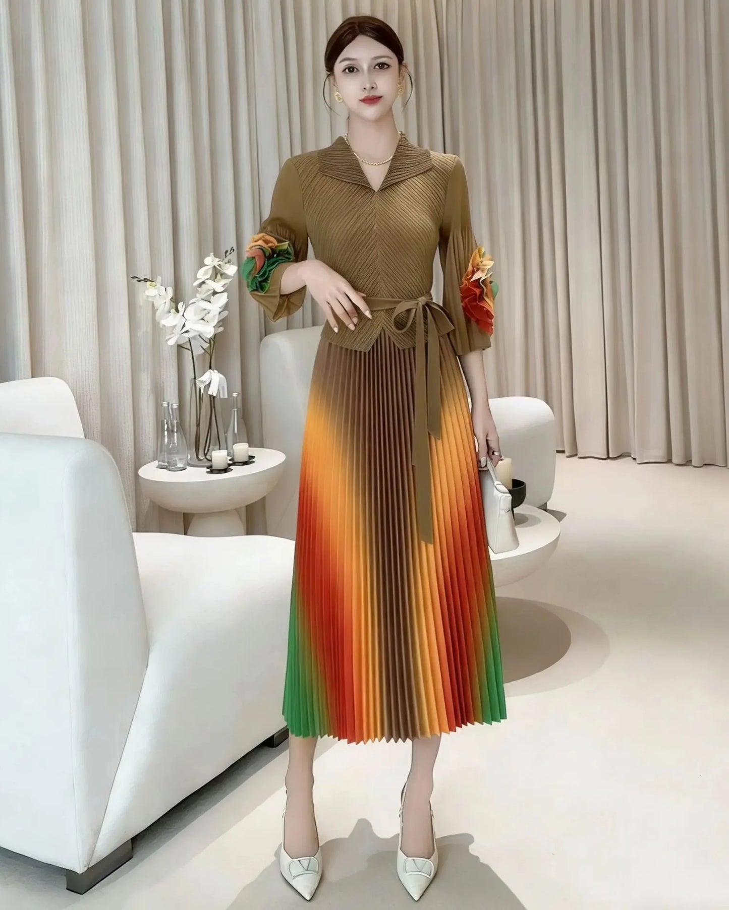 Luxury Pleated Floral-Sleeve Dress