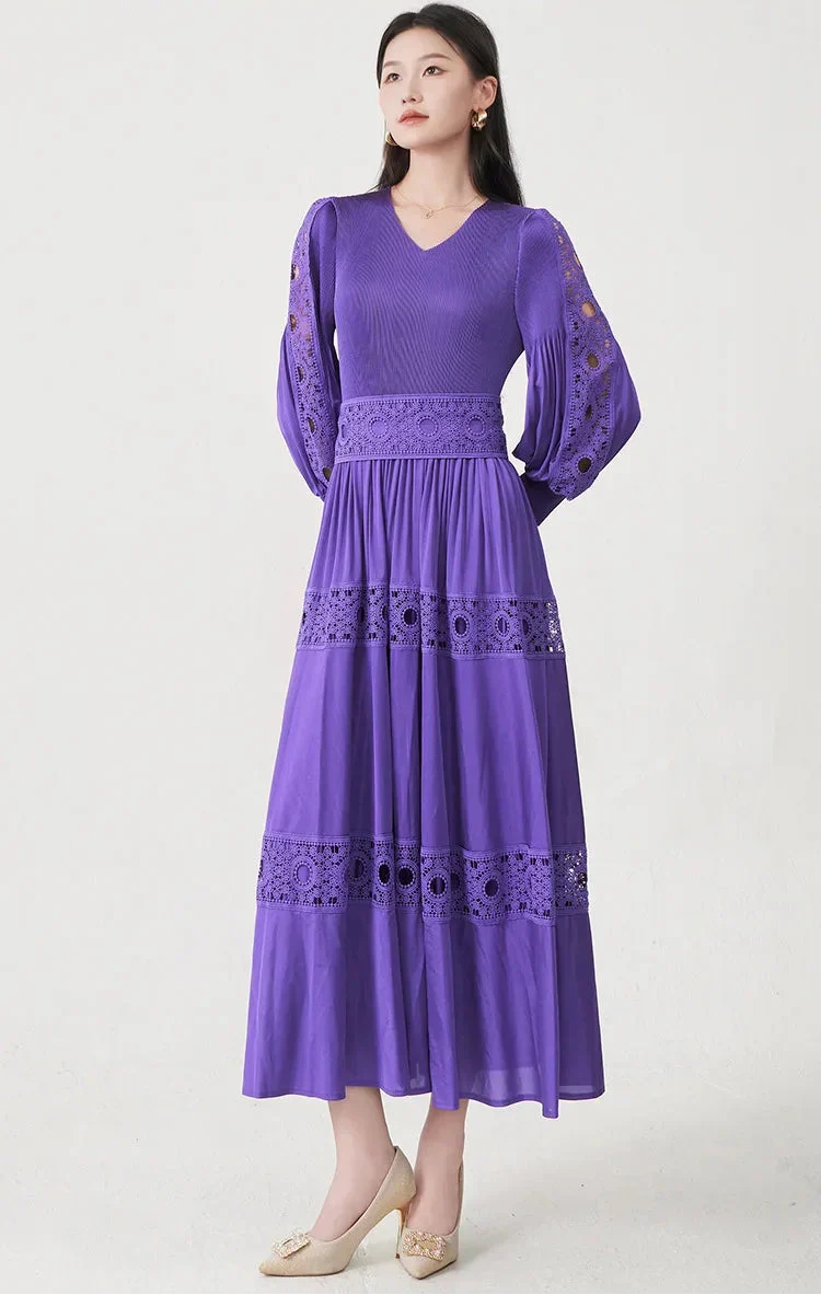 Luxury Fitted-Waist Plissé Dress