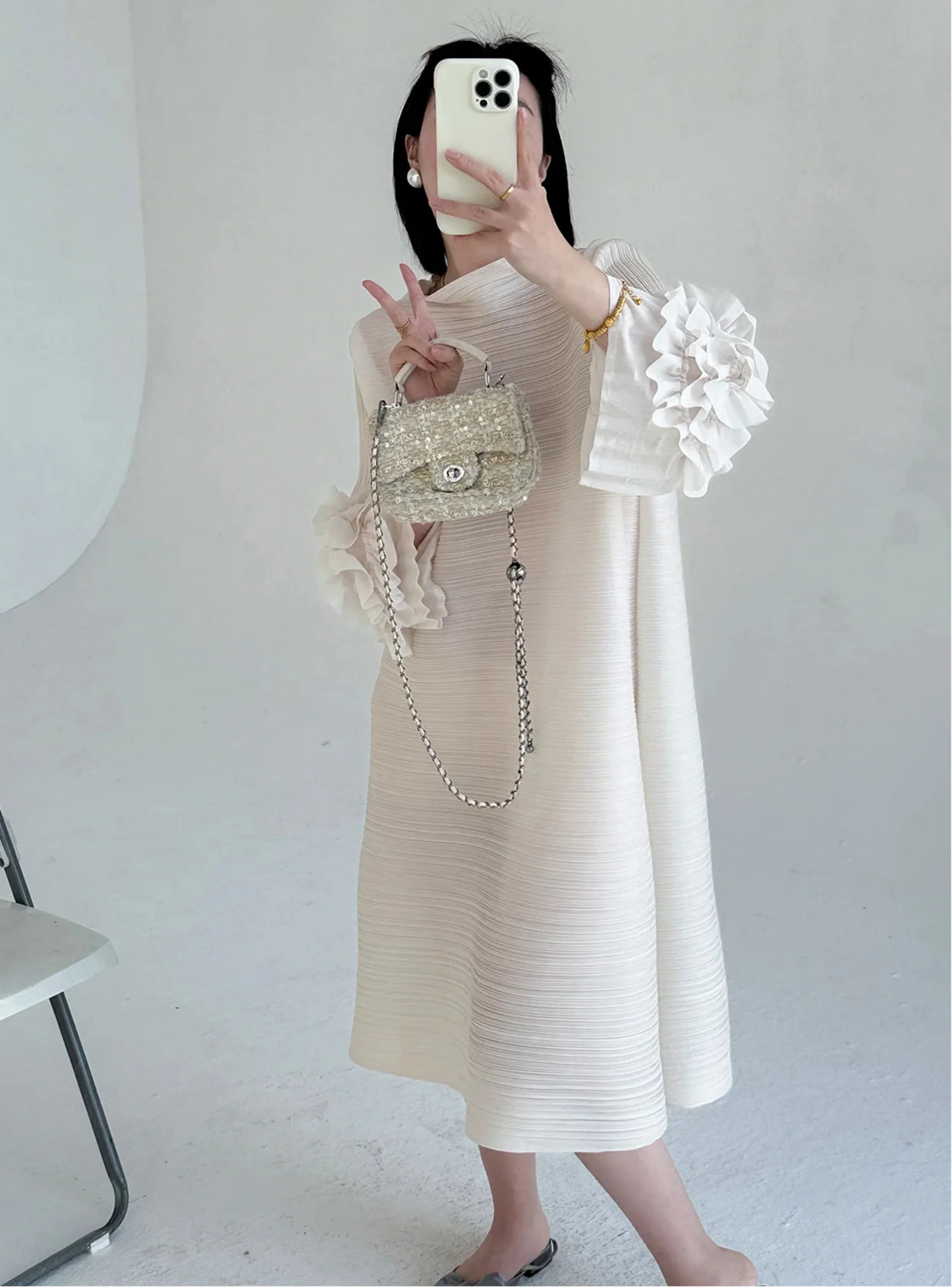 Luxe Floral-Sleeve Pleated Dress