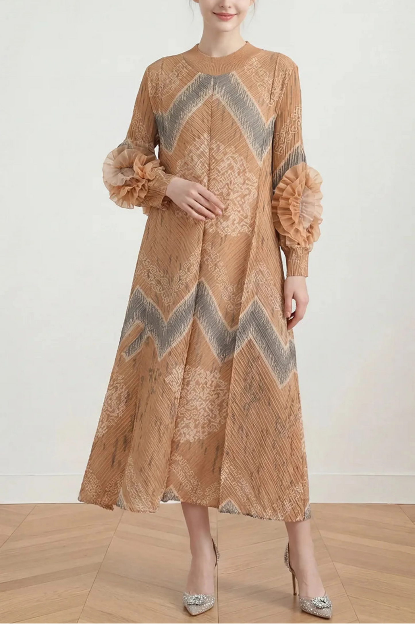 Plissé Ruffle-Sleeve Dress