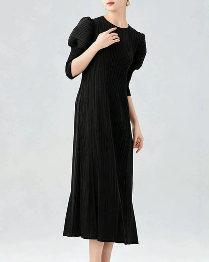 Unique Puff-Sleeve Pleated Dress