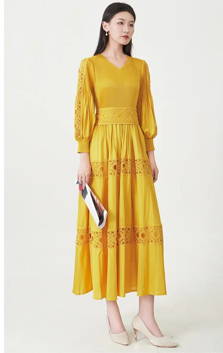 Luxury Fitted-Waist Plissé Dress