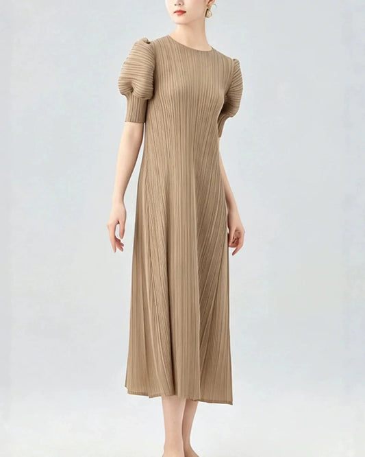 Unique Puff-Sleeve Pleated Dress