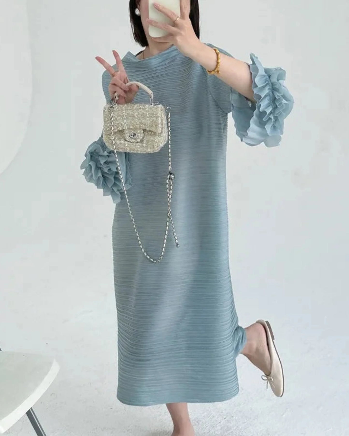 Luxe Floral-Sleeve Pleated Dress