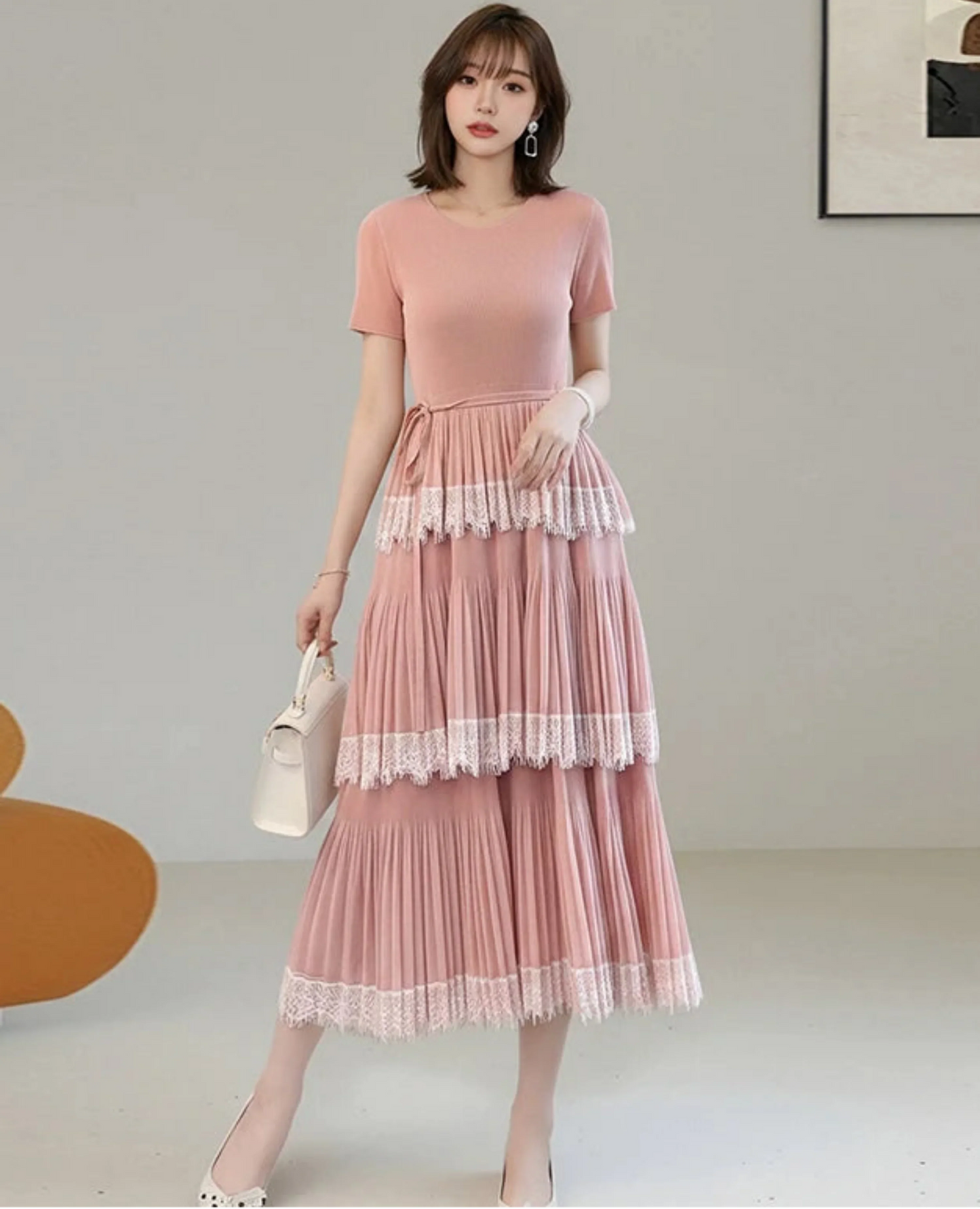 Luxury Pleated Lace Tiered Dress