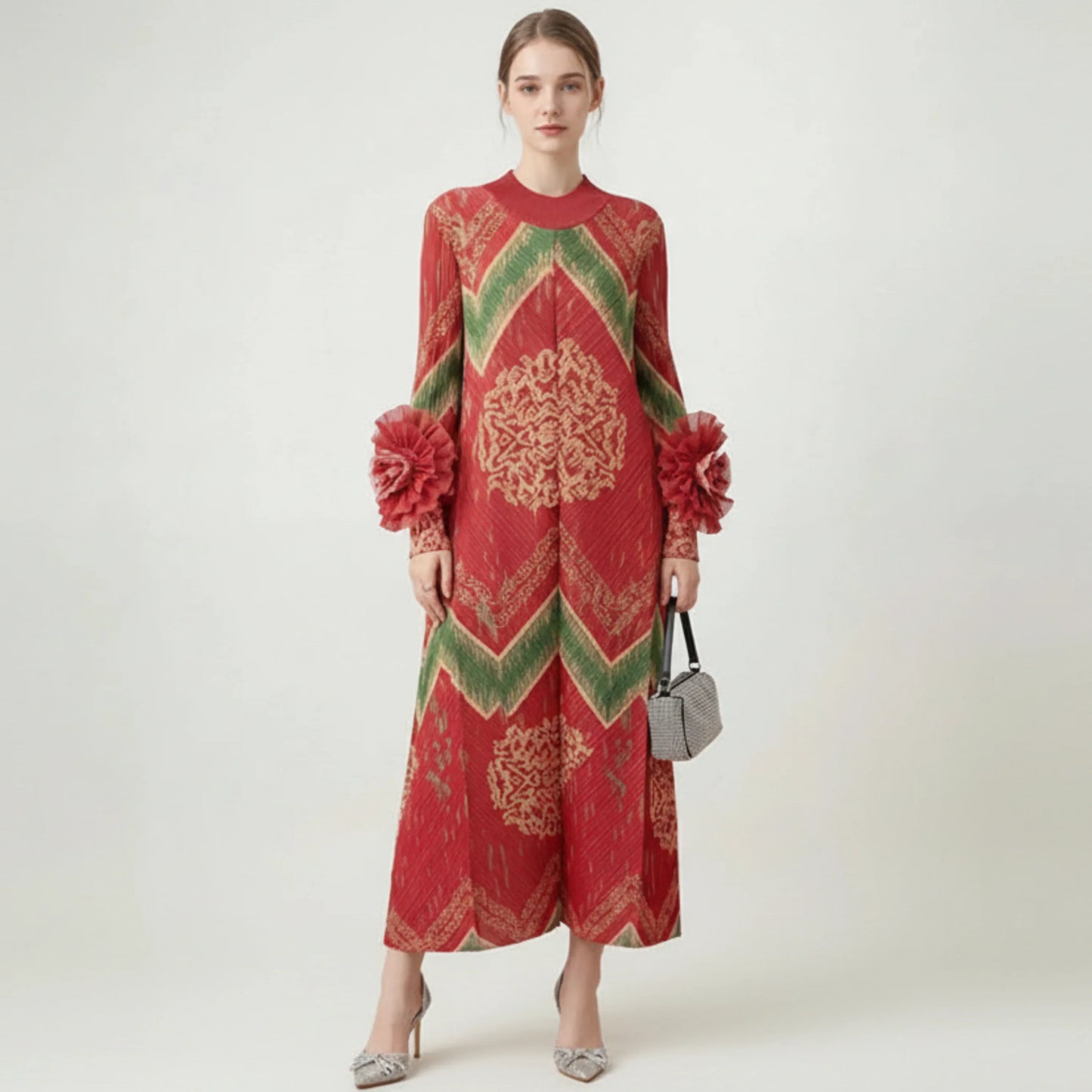 Plissé Ruffle-Sleeve Dress
