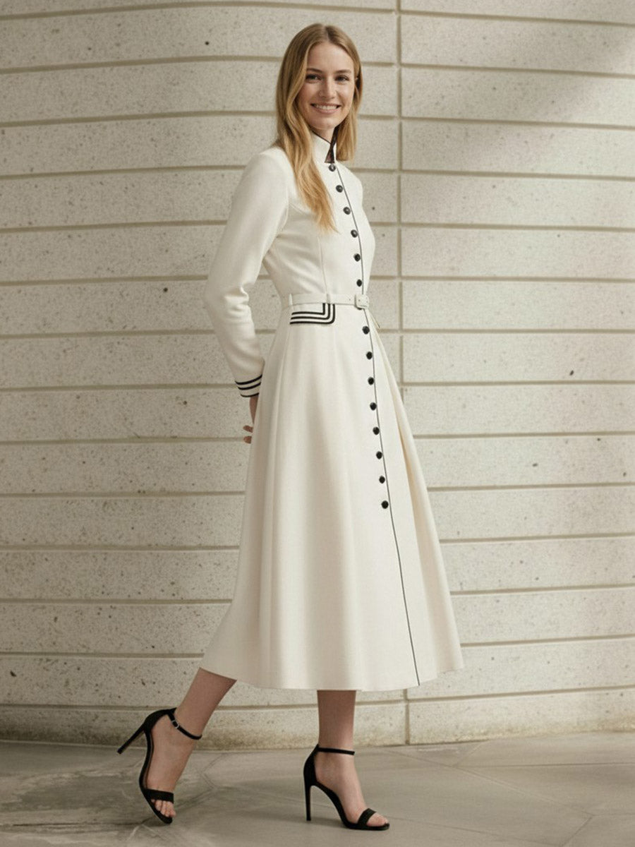 A-Line Elasticated Waist Belted Buttoned Contrast Color Line Split-Joint Stand Collar Maxi Dresses