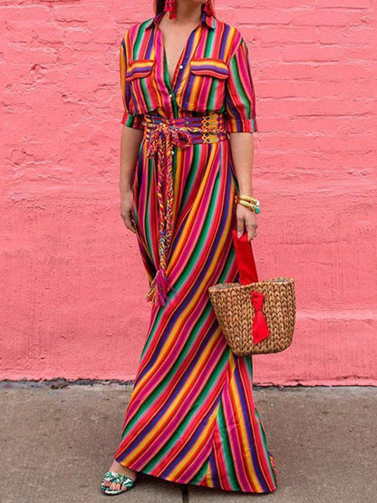 Long Sleeves Loose Split-Joint Striped Lapel Maxi Dresses Shirt Dress