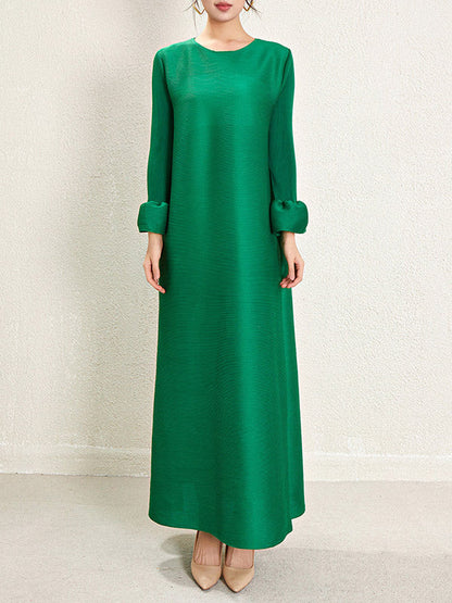 A-Line Loose Pleated Solid Color Round-Neck Maxi Dresses