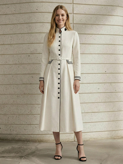 A-Line Elasticated Waist Belted Buttoned Contrast Color Line Split-Joint Stand Collar Maxi Dresses