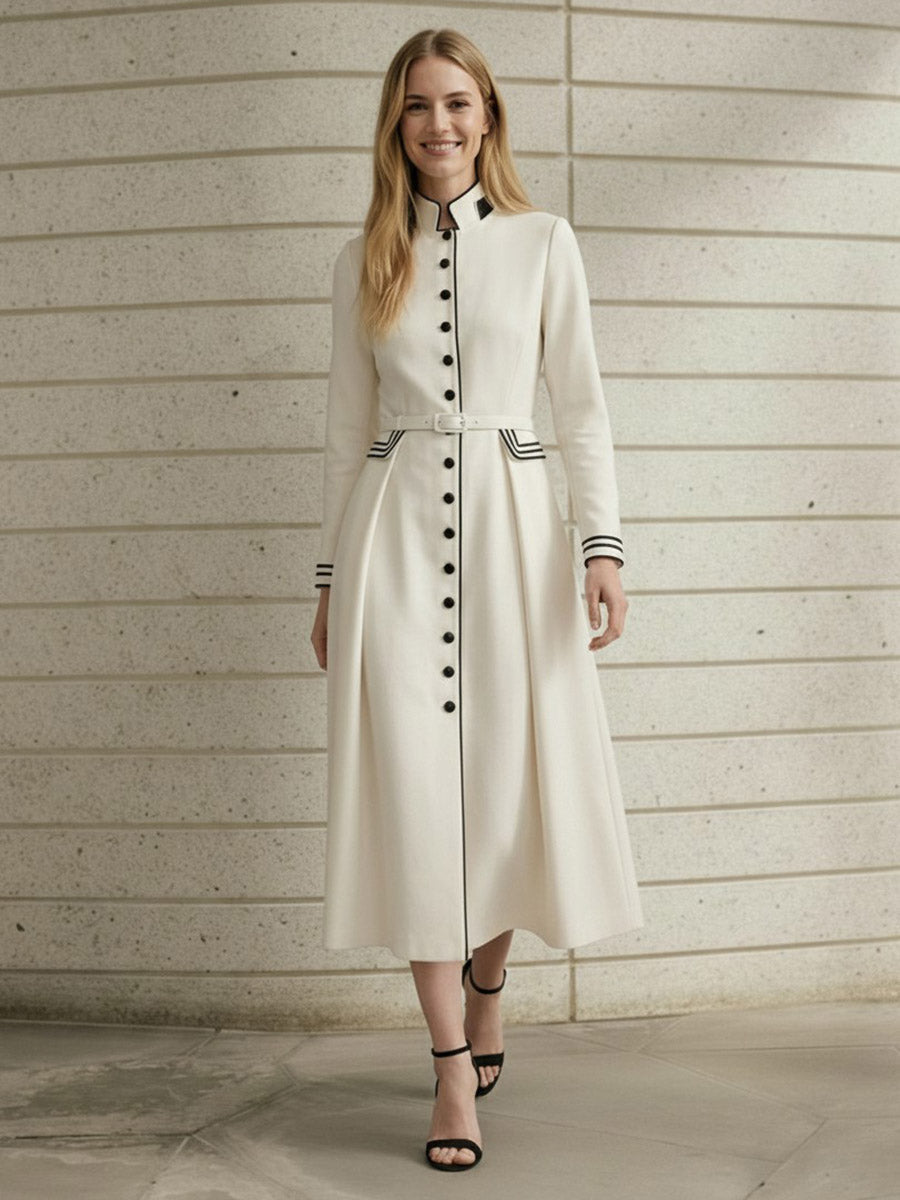 A-Line Elasticated Waist Belted Buttoned Contrast Color Line Split-Joint Stand Collar Maxi Dresses