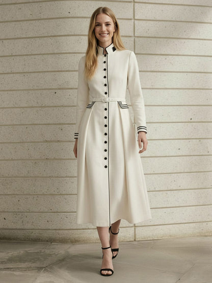 A-Line Elasticated Waist Belted Buttoned Contrast Color Line Split-Joint Stand Collar Maxi Dresses