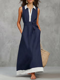 A-Line Loose Buttoned Contrast Color Pockets Tied Zipper Lapel Maxi Dresses