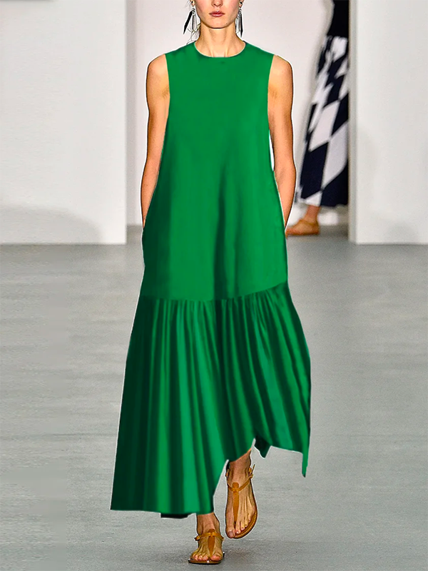 A-line Loose Solid Color Split-Joint Round-neck Maxi Dresses