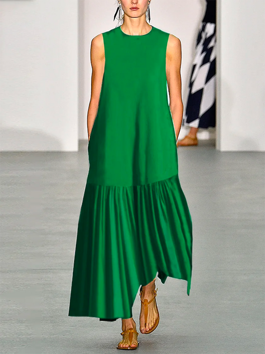 A-line Loose Solid Color Split-Joint Round-neck Maxi Dresses