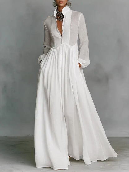 A-Line High Waisted Buttoned Pleated Pockets Solid Color Split-Joint Stand Collar Maxi Dresses Shirt Dress