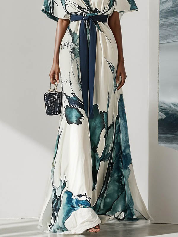 Batwing Sleeves Loose Printed Tied Waist V-Neck Evening Dresses Maxi Dresses
